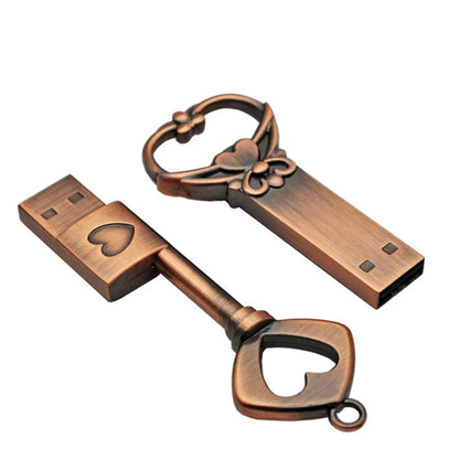 Heart Shaped Copper USB Flash Drive 128GB | Retro Style Metal Memory Stick | 64GB Love Heart Key Design | Creative Storage Gift | USB 2.0 External Data Pen Drive