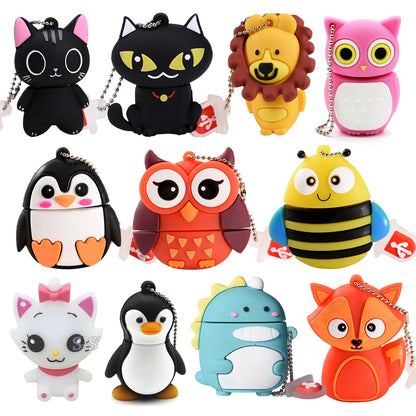 Cartoon Animal USB Flash Drive - 16GB/32GB/64GB Silicone Storage - Fun Penguin, Cat, Owl, Lion, Dinosaur Designs - USB 2.0 External Memory Stick for Kids and Adults