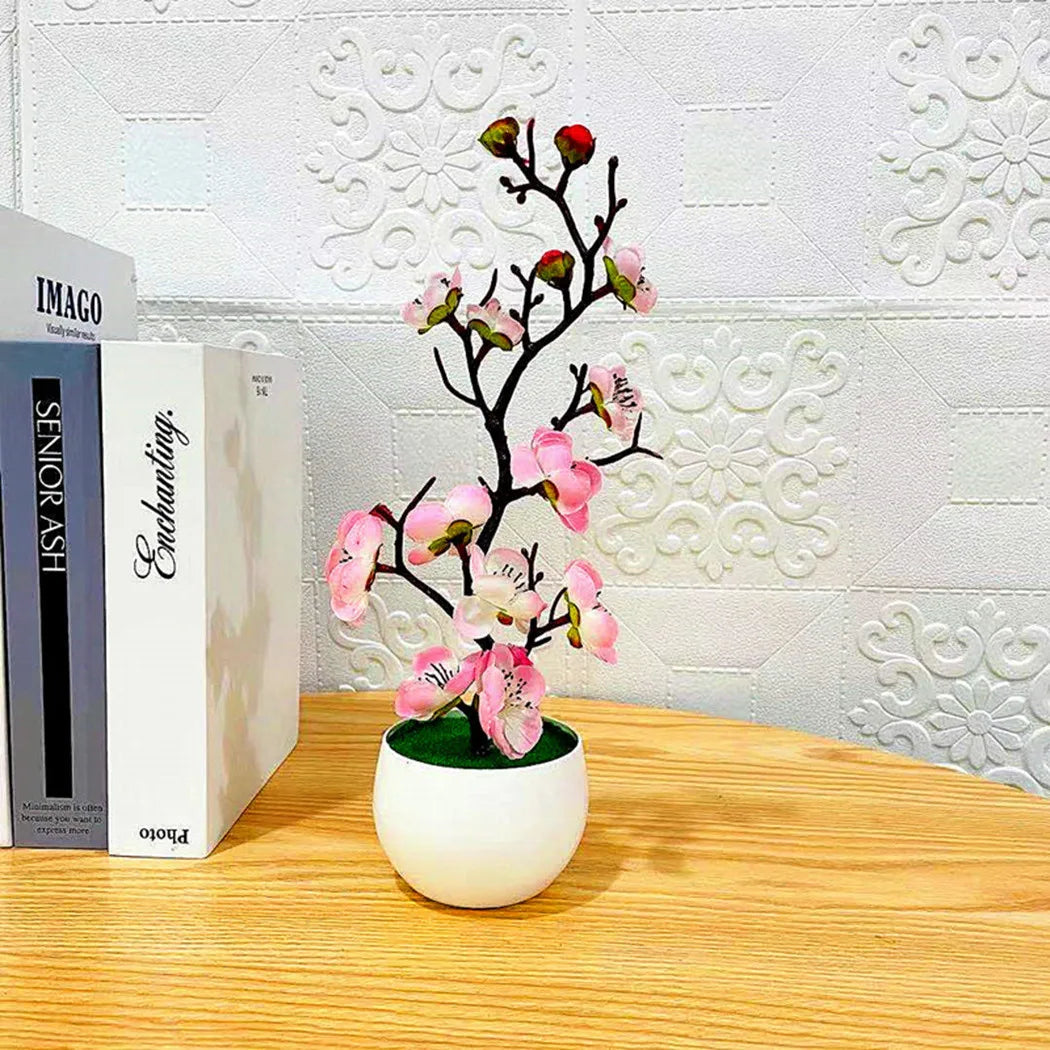 artificial plum blossom bonsai plant with pot | indoor decorative silk flower arrangement for home, office, celebrations, parties, weddings | plastic material
