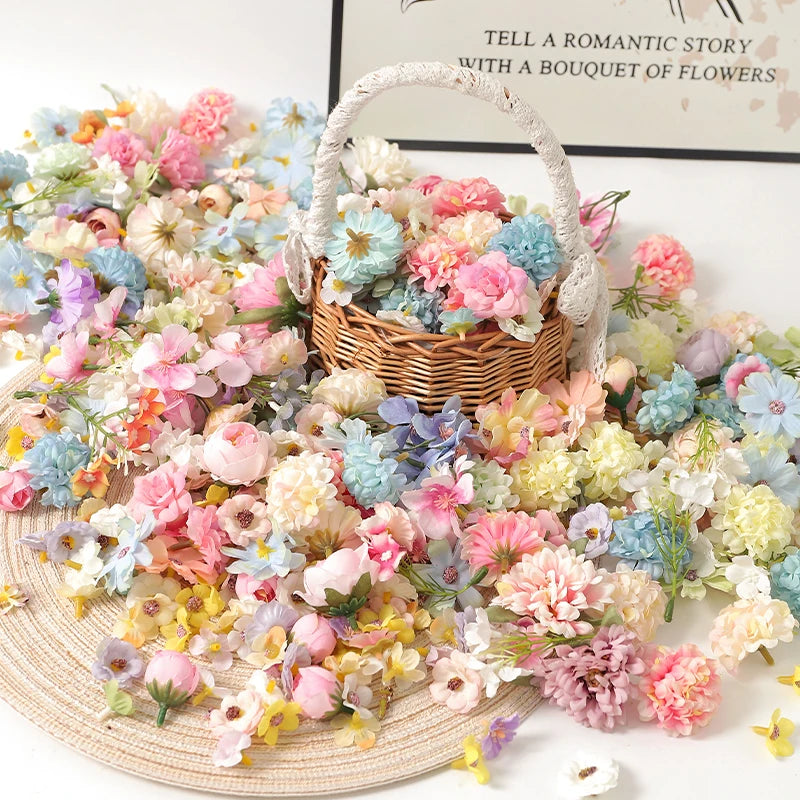 mini silk artificial flowers set, 50pcs mixed colours, ideal for home décor, crafts, wedding, anniversary, baby shower, birthday, indoor decoration accessories