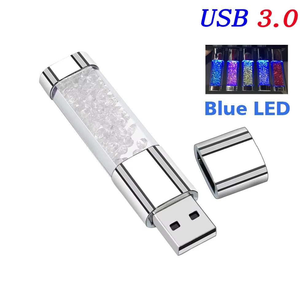 128gb crystal led usb 3.0 flash drive with metal design, high-speed memory stick for laptop, car, tv, ideal wedding and business gift, multiple colours available