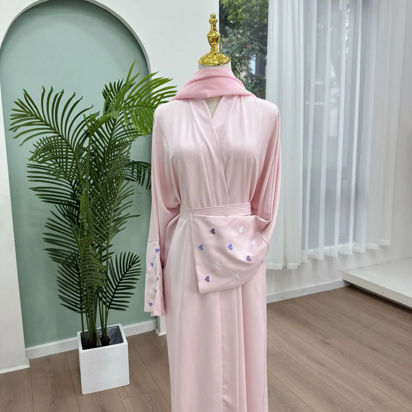 love heart embroidery soft open front abaya luxury kaftan women robe for stylish layering, comfortable fit, versatile cardigan - perfect for casual and formal occasions
