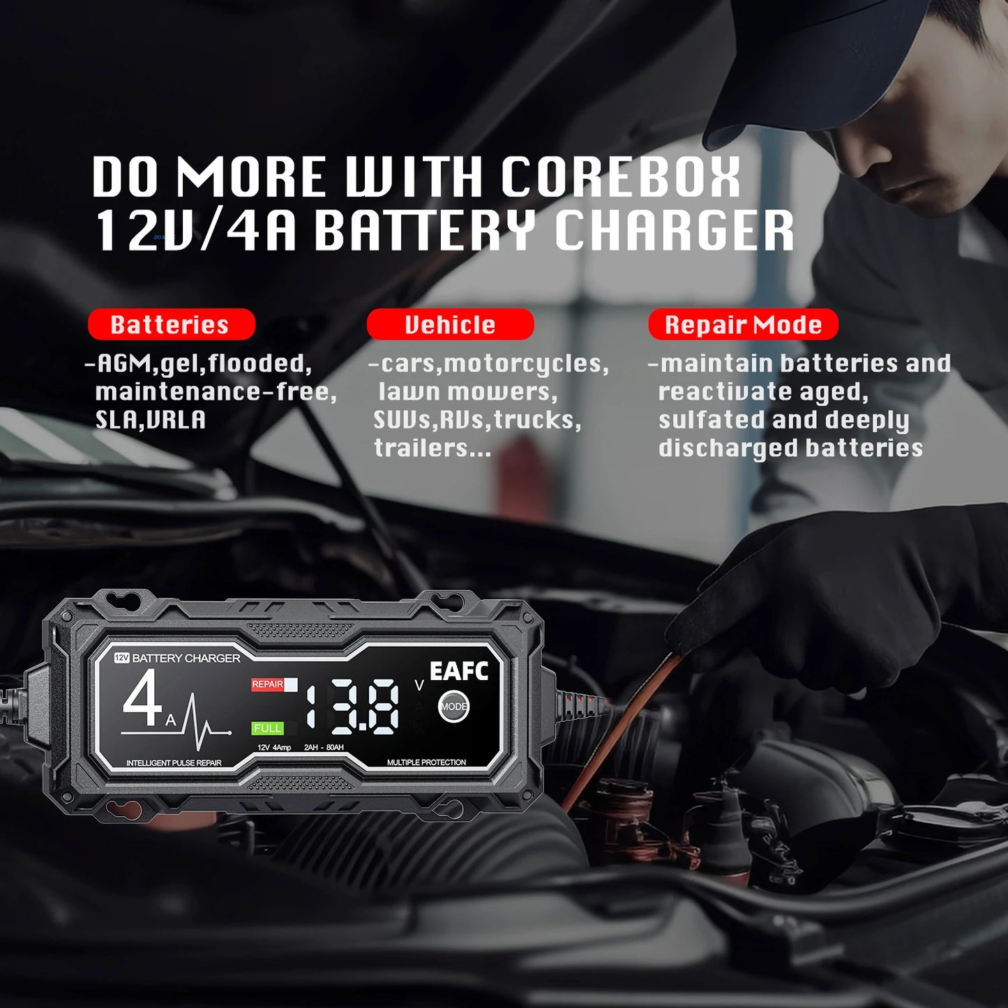 b0dphwrggl eafc 12v 4a car motorcyclebattery charger lcd display  intelligent chargers multiple protection pulse repair agm batterycharger