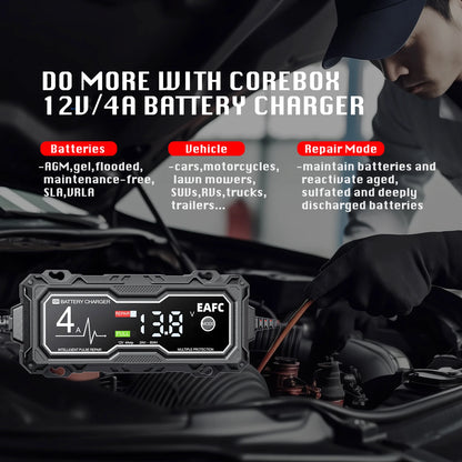 B0DPHWRGGL EAFC 12V 4A Car MotorcycleBattery Charger LCD Display  Intelligent Chargers Multiple protection Pulse Repair AGM BatteryCharger