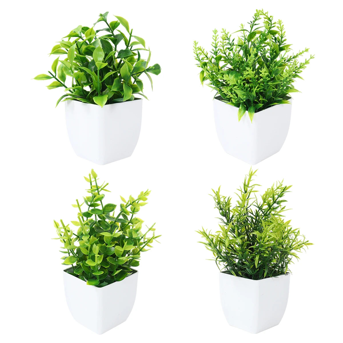 artificial plants set, potted green leaf bonsai, small fake tree ornaments for home, office, garden, wedding, party decor, plastic material, desktop display