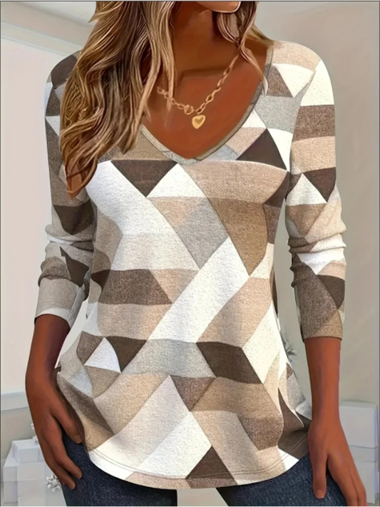 Women Elegant Minimalist Spring Top 2024 Geometry V-Neck Long Sleeve Blouse Casual Fashion T-Shirt for Stylish Everyday Wear
