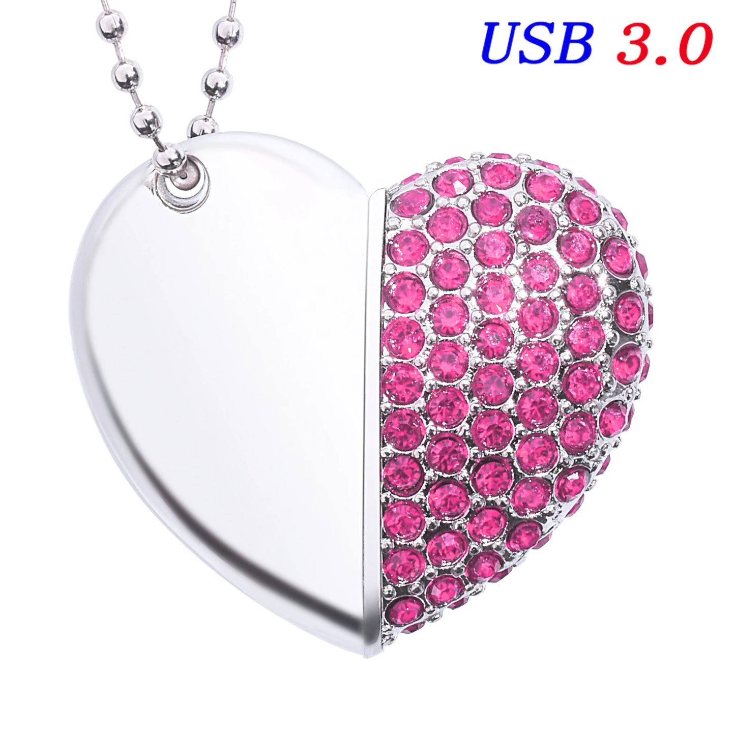 usb 3.0 heart necklace flash drive 64gb - stylish crystal & metal memory stick in gold, silver, blue, pink, green - perfect for wedding, creative or business gifts
