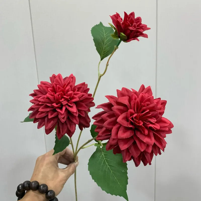 artificial dahlia flowers with 3 heads long branch silk for home wedding decor, bedroom decoration, party and indoor events - elegant, lifelike floral arrangement
