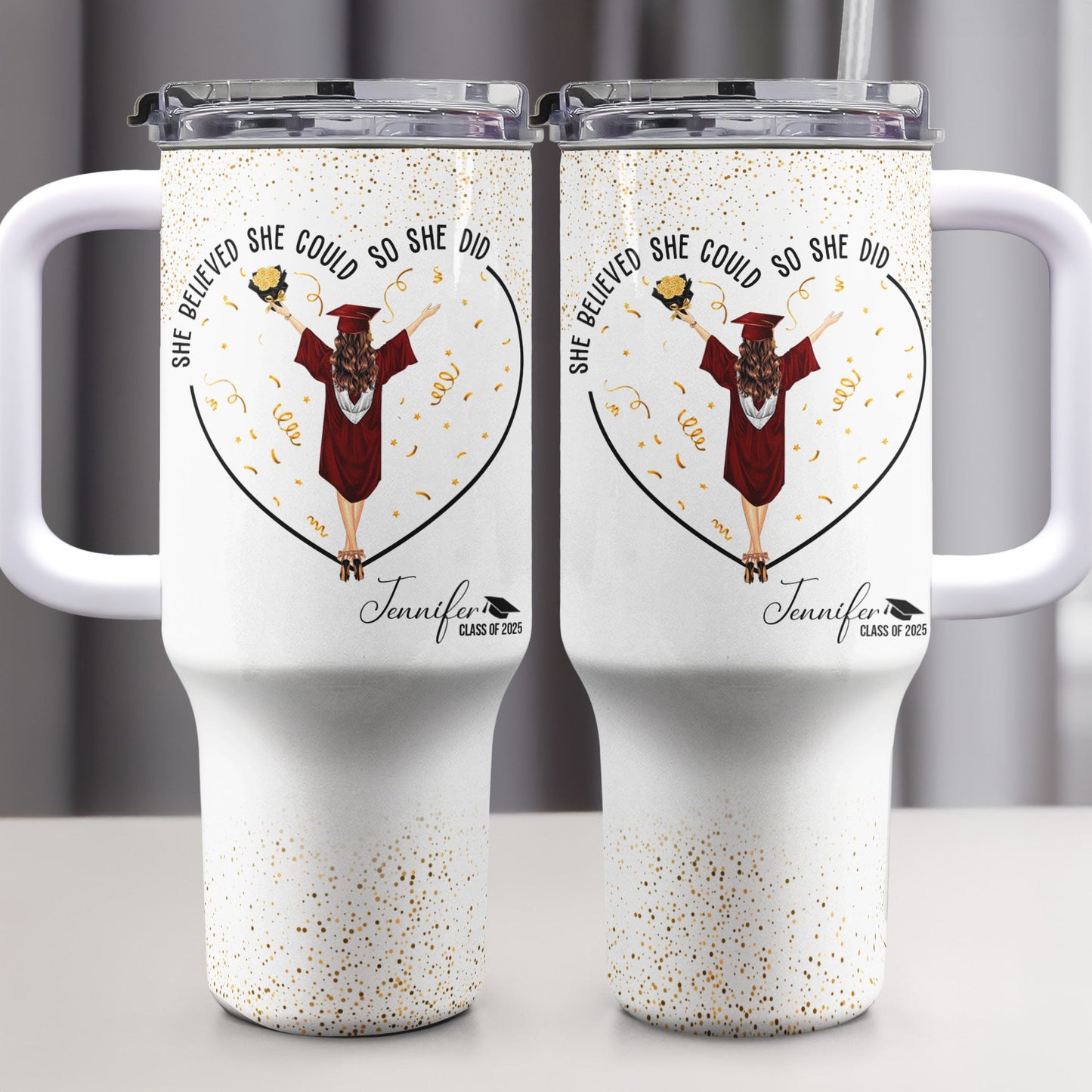 she believed she could so she did - 40oz personalised tumbler with straw, graduation gift for her, double wall stainless steel, hot cold insulation