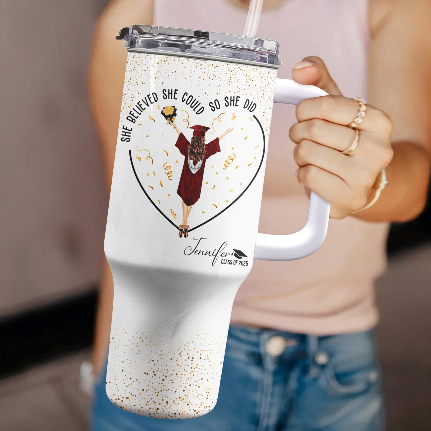 she believed she could so she did - 40oz personalised tumbler with straw, graduation gift for her, double wall stainless steel, hot cold insulation