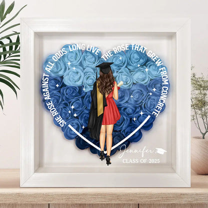 She Rose Against All Odds - Personalized Flower Shadow Box, Elegant Home Decor Gift for Women, Memorial or Inspirational Keepsake, Custom Floral Design in Wood and Acrylic