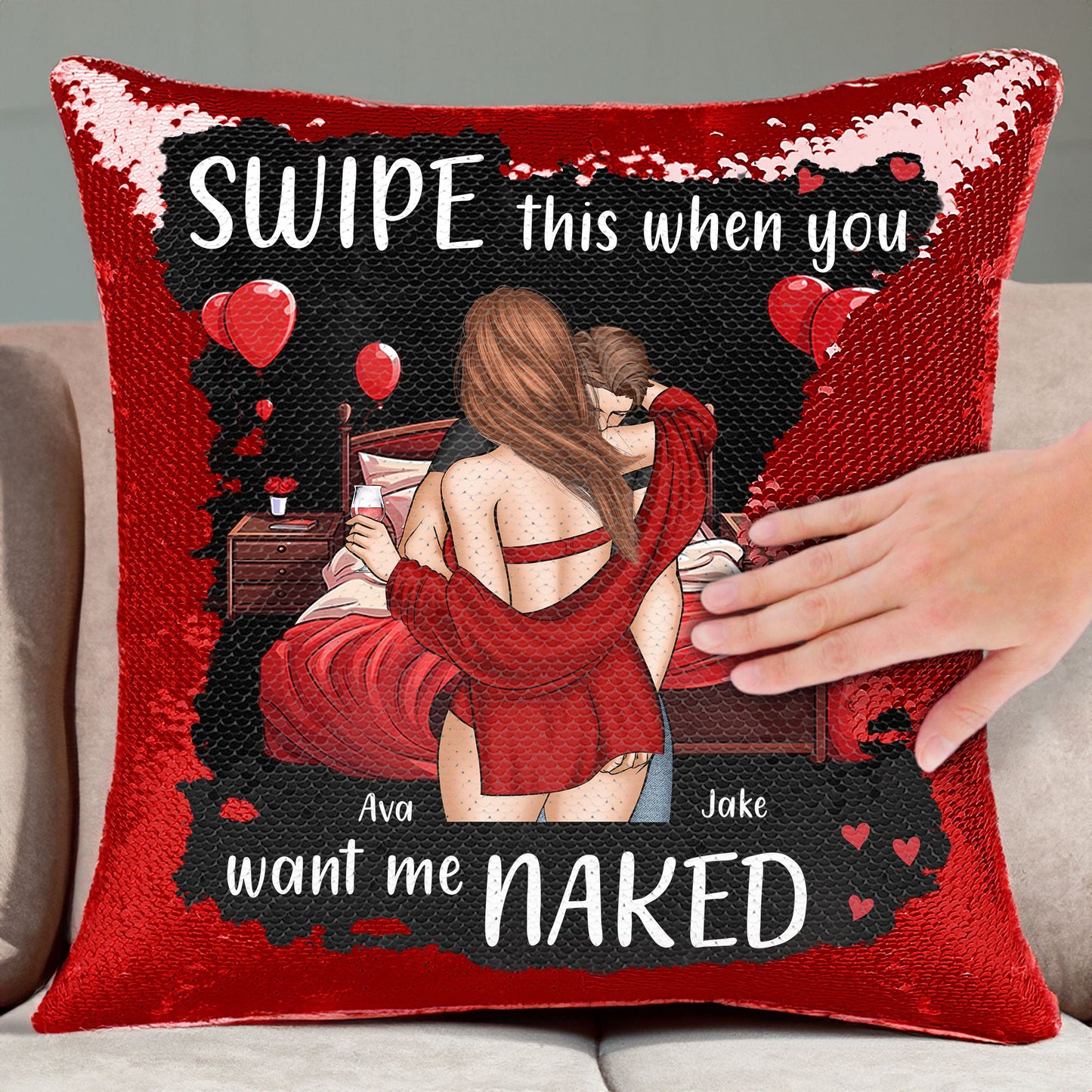 swipe this when you want me naked - custom sequin pillow for couples, fun home decor, romantic gift, 16 inch reversible sequin cushion, unique keepsake for anniversaries and birthdays