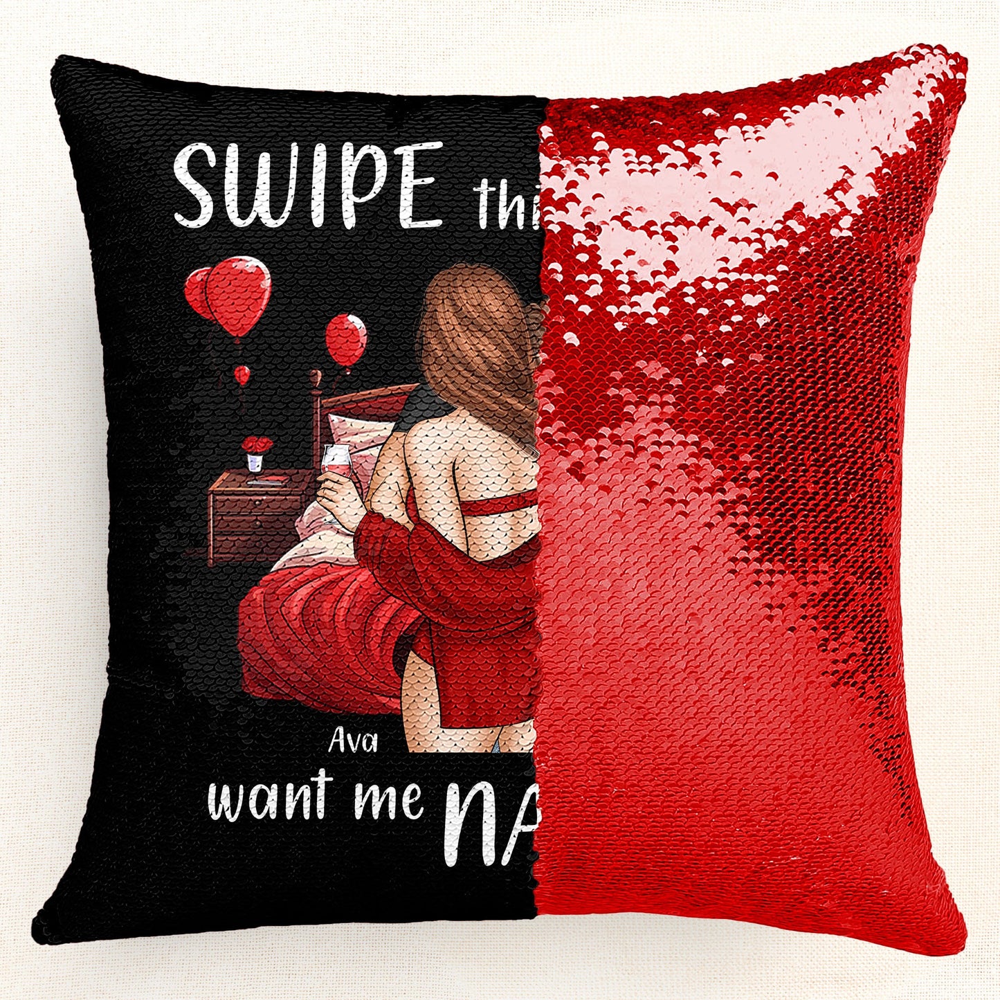 swipe this when you want me naked - custom sequin pillow for couples, fun home decor, romantic gift, 16 inch reversible sequin cushion, unique keepsake for anniversaries and birthdays