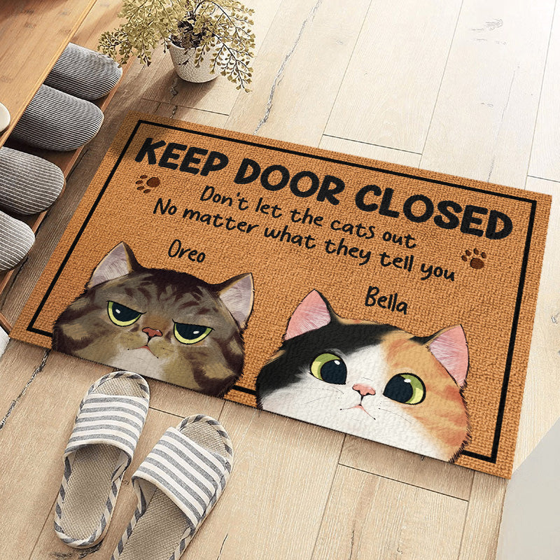 keep the door closed cat decorative mat - gift for pet owners, pet lovers, funny doormat for home, indoor welcome floor mat