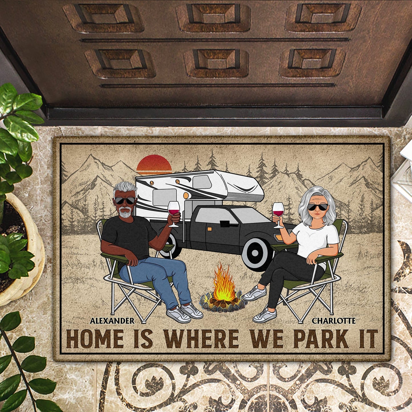 home is where we park it doormat - family gifts for couples, camping lovers, husband, wife - non-slip rubber base, plush velour, size m/l