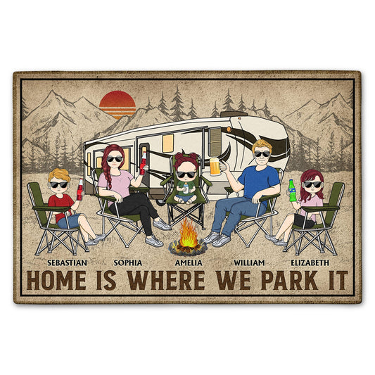 Home Is Where We Park It Doormat - Family Gifts for Couples, Camping Lovers, Husband, Wife - Non-Slip Rubber Base, Plush Velour, Size M/L