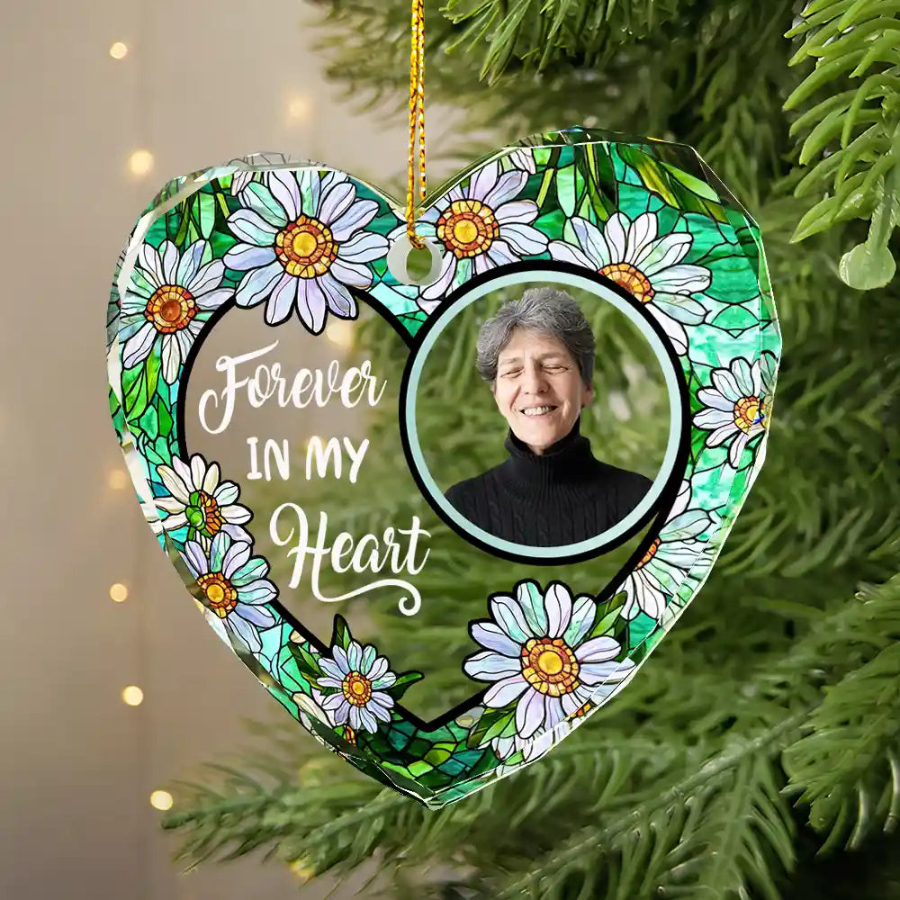 custom photo floral forever in our hearts heart shaped glass ornament - thoughtful gift for family, friends and sympathy decor