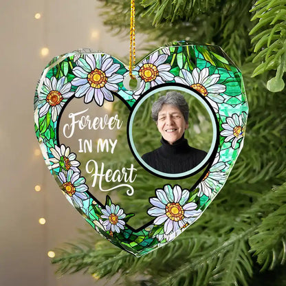 Custom Photo Floral Forever In Our Hearts Heart Shaped Glass Ornament - Thoughtful Gift for Family, Friends and Sympathy Decor