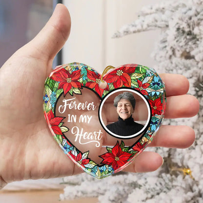 Custom Photo Floral Forever In Our Hearts Heart Shaped Glass Ornament - Thoughtful Gift for Family, Friends and Sympathy Decor
