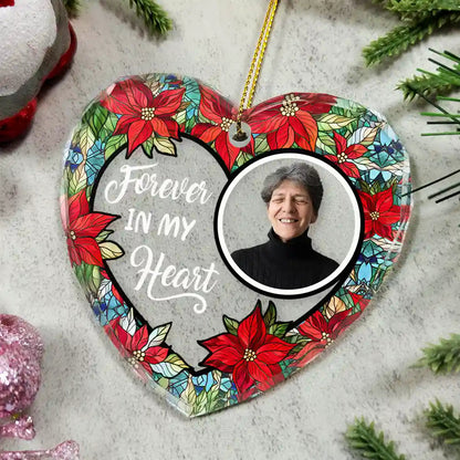 Custom Photo Floral Forever In Our Hearts Heart Shaped Glass Ornament - Thoughtful Gift for Family, Friends and Sympathy Decor