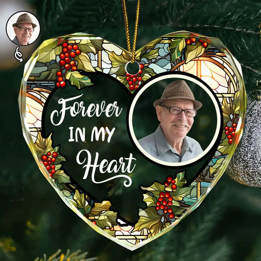 Custom Photo Floral Forever In Our Hearts Heart Shaped Glass Ornament - Thoughtful Gift for Family, Friends and Sympathy Decor
