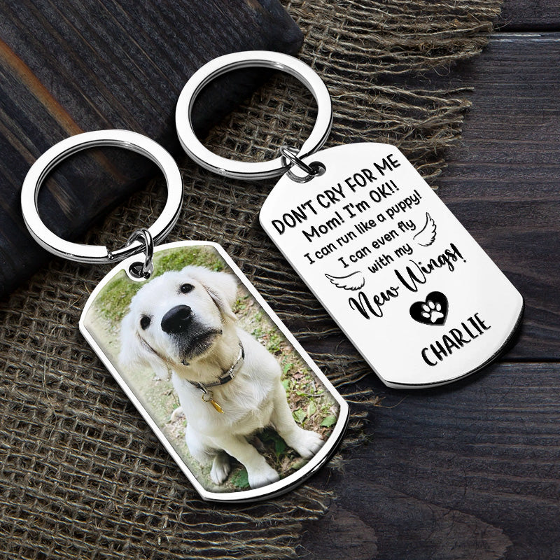 don't cry for me i'm ok - upload image personalized keychain for memory of loved ones, family, or pets, stainless steel, 3 inch long