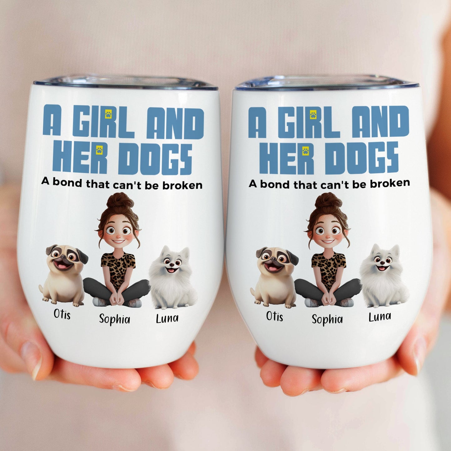 unbreakable bond with my dogs - personalized wine tumbler for dog lovers, 12oz stainless steel travel mug, ideal gift for dog moms and pet owners