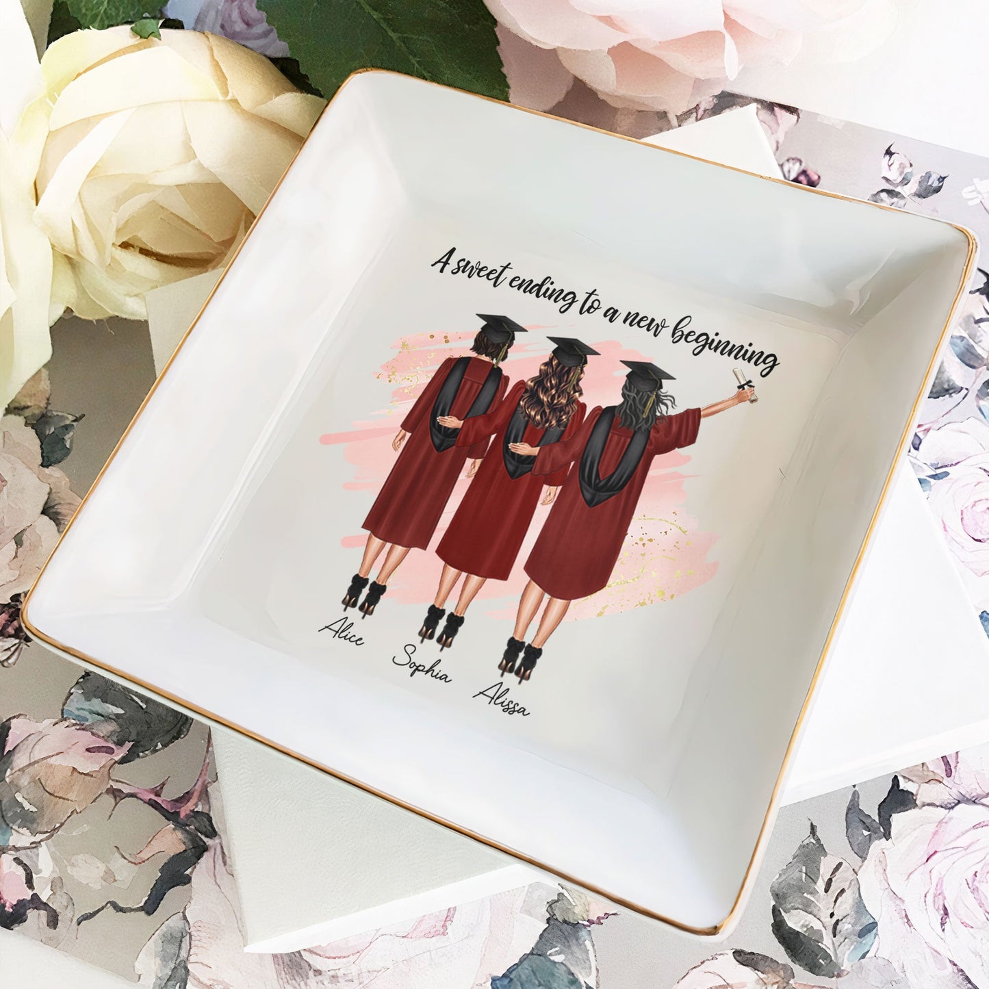 we believed we could so we did - personalized jewelry dish for graduation gift, ceramic ring and earring holder with inspirational quote, 4 inch