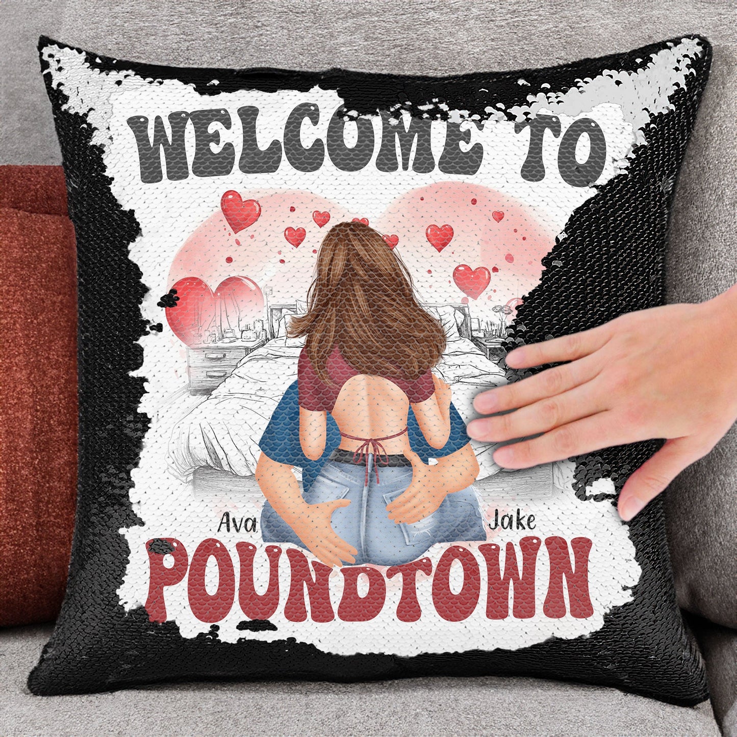 welcome to poundtown - sequin pillow gift for couples