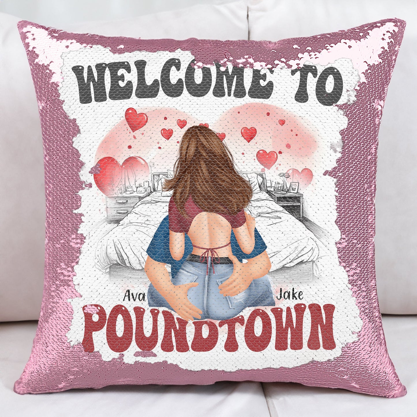 welcome to poundtown - sequin pillow gift for couples