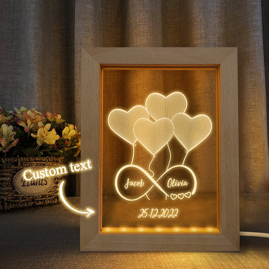 Custom Infinity Night Light Personalized Name 3D Heart Wooden Frame Lamp for Kids, Girls, and Boys - Acrylic LED Nightlight with Warm Glow