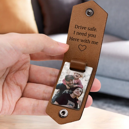 Custom Photo Leather Keychain - I Love You Dad, Drive Safe - Meaningful Gift for Father, Grandpa, Husband - Vintage Cowhide, Hypoallergenic, Portable Keepsake