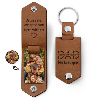 Custom Photo Leather Keychain - I Love You Dad, Drive Safe - Meaningful Gift for Father, Grandpa, Husband - Vintage Cowhide, Hypoallergenic, Portable Keepsake