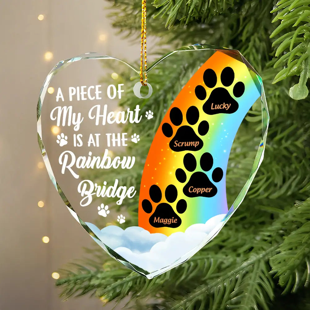 a piece of my heart is at the rainbow bridge memorial dog cat glass ornament - heart shaped tribute for pet lovers, dog moms, cat dads, bereavement keepsake