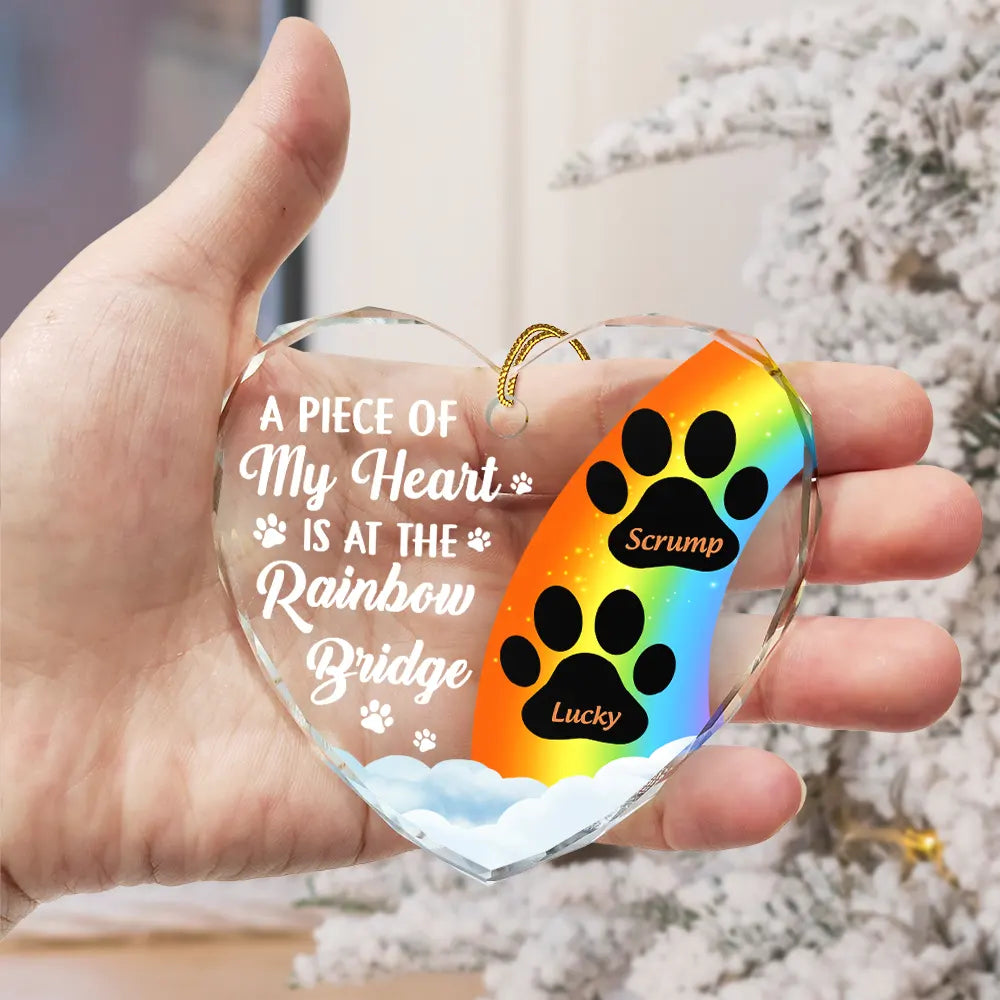 a piece of my heart is at the rainbow bridge memorial dog cat glass ornament - heart shaped tribute for pet lovers, dog moms, cat dads, bereavement keepsake