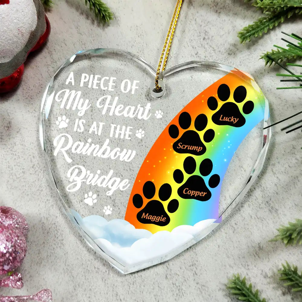 a piece of my heart is at the rainbow bridge memorial dog cat glass ornament - heart shaped tribute for pet lovers, dog moms, cat dads, bereavement keepsake