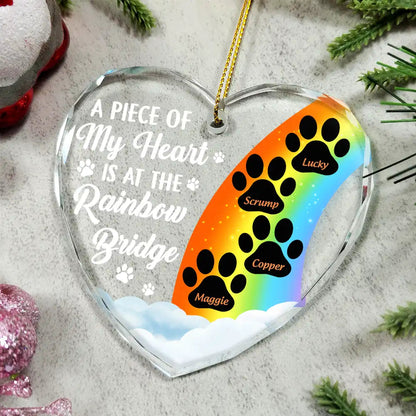 A Piece Of My Heart Is At The Rainbow Bridge Memorial Dog Cat Glass Ornament - Heart Shaped Tribute For Pet Lovers, Dog Moms, Cat Dads, Bereavement Keepsake
