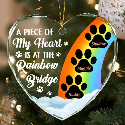 A Piece Of My Heart Is At The Rainbow Bridge Memorial Dog Cat Glass Ornament - Heart Shaped Tribute For Pet Lovers, Dog Moms, Cat Dads, Bereavement Keepsake
