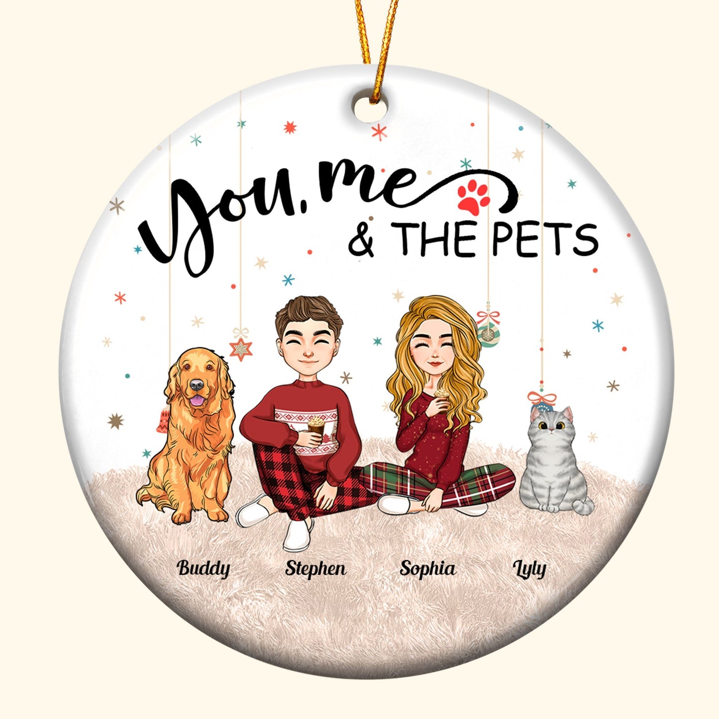 you, me and the pets - personalized ceramic ornament for family holiday decor and gifts