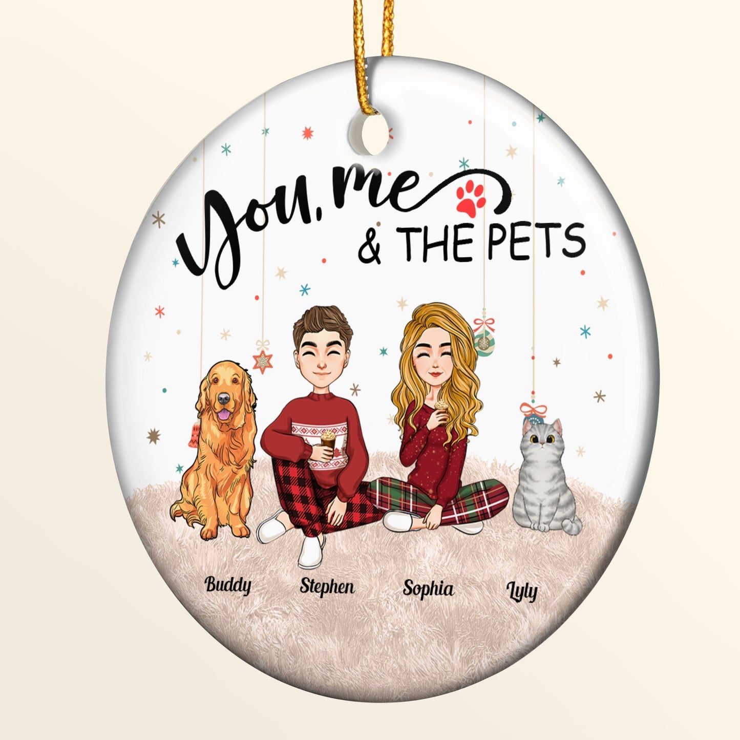 you, me and the pets - personalized ceramic ornament for family holiday decor and gifts