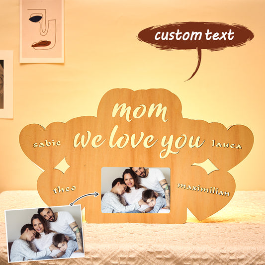 Custom Engraved Name Night Lamp Photo Frame Night Light for Mom, Wooden Plywood Frame with USB Port, Ideal Gift for Mother's Day, Family Portrait Decor