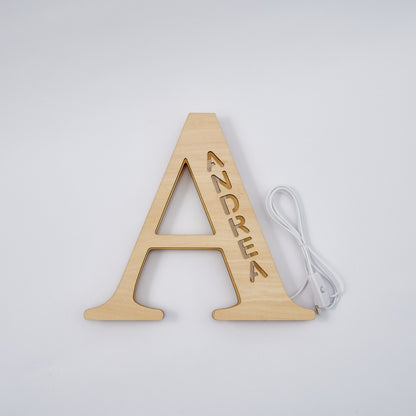 Personalized Name Wooden Letter Night Light 28CM for Kids Home Decor with USB and Adhesive Backing, Warm LED Glow, Unique Wall Art A-Z Letters