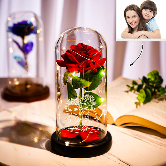 Custom Photo Line Drawing LED Night Light Romantic Eternal Red Rose In Glass Dome - Elegant Home Decor Gift For Valentine's Day, Mother's Day, Birthdays