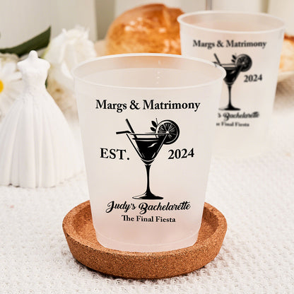 Personalized Margs & Matrimony Disposable Plastic Cups for Bachelorette Party Supplies Gift - 12oz and 16oz Options