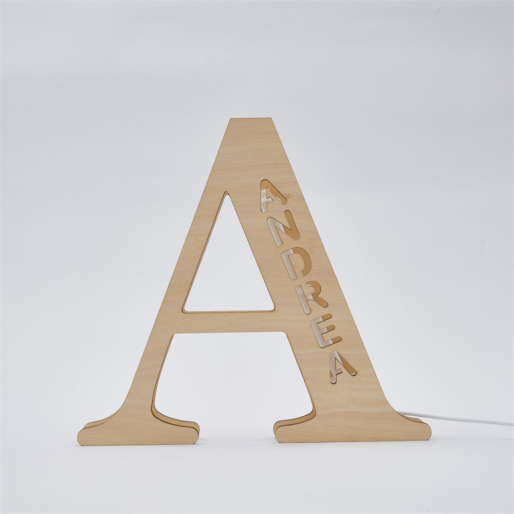 personalized name wooden letter night light 28cm for kids home decor with usb and adhesive backing, warm led glow, unique wall art a-z letters