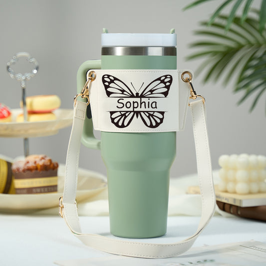 Personalized Butterfly Water Bottle Carrier Bag for 40oz Tumbler with Adjustable Strap - Stylish Gift for Women