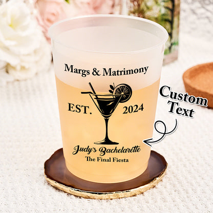 Personalized Margs & Matrimony Disposable Plastic Cups for Bachelorette Party Supplies Gift - 12oz and 16oz Options