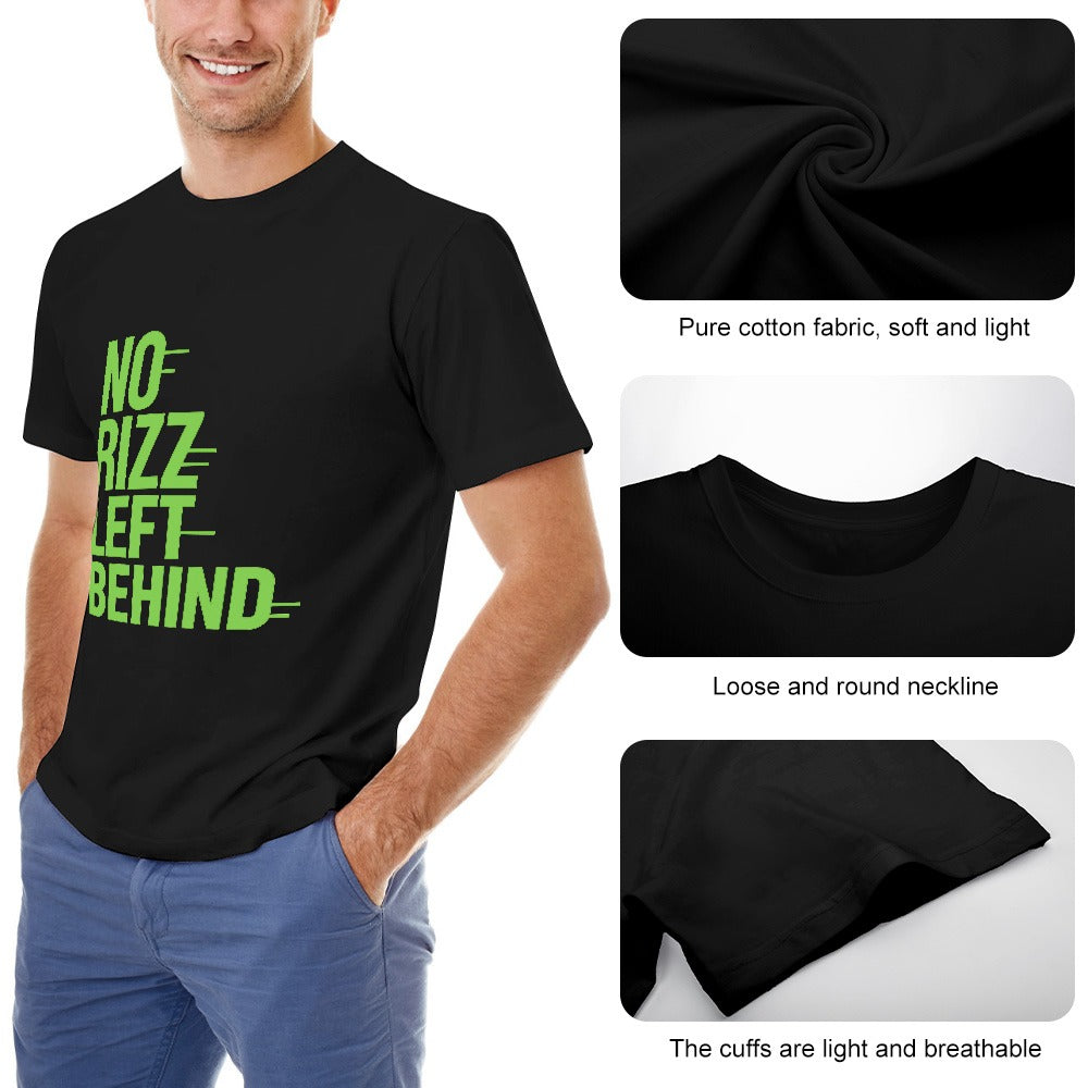 men's t-shirt 100% cotton no rizz left behind graphic tee for casual wear, comfortable fit, perfect for gym, outings, or lounging, bold statement piece in black