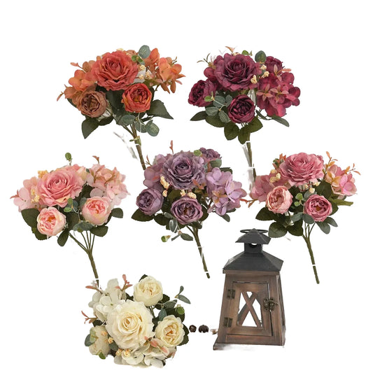 Silk Rose Hydrangea Peony Bouquet, Artificial Flowers for Wedding, Home Decor, Vintage Arrangement for Office, Bedroom, Living Room, Ideal for Parties and Events