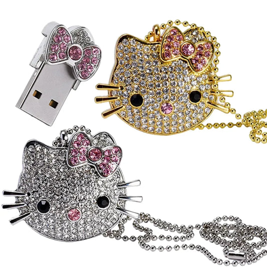 Cartoon USB Flash Drive Crystal Memory Stick 128GB/64GB/32GB/16GB/8GB, Cat Design USB 2.0, Silvery/Golden, Stylish Portable Storage for Computer and Laptop, CE Certified